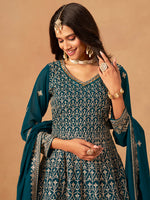 Thumbnail for Monjolika Fashion Teal Embroidered Faux Georgette Trendy Palazzo Salwar Kameez