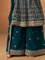 Thumbnail for Monjolika Fashion Teal Embroidered Faux Georgette Trendy Palazzo Salwar Kameez