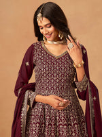 Thumbnail for Monjolika Fashion Maroon Embroidered Faux Georgette Trendy Palazzo Salwar Kameez