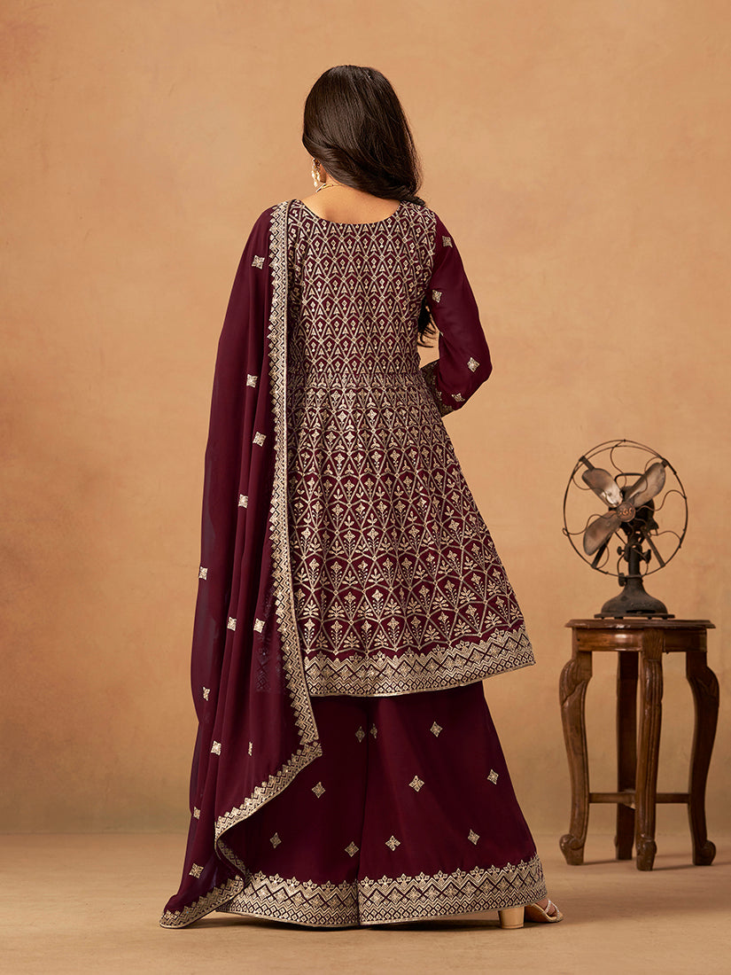 Monjolika Fashion Maroon Embroidered Faux Georgette Trendy Palazzo Salwar Kameez