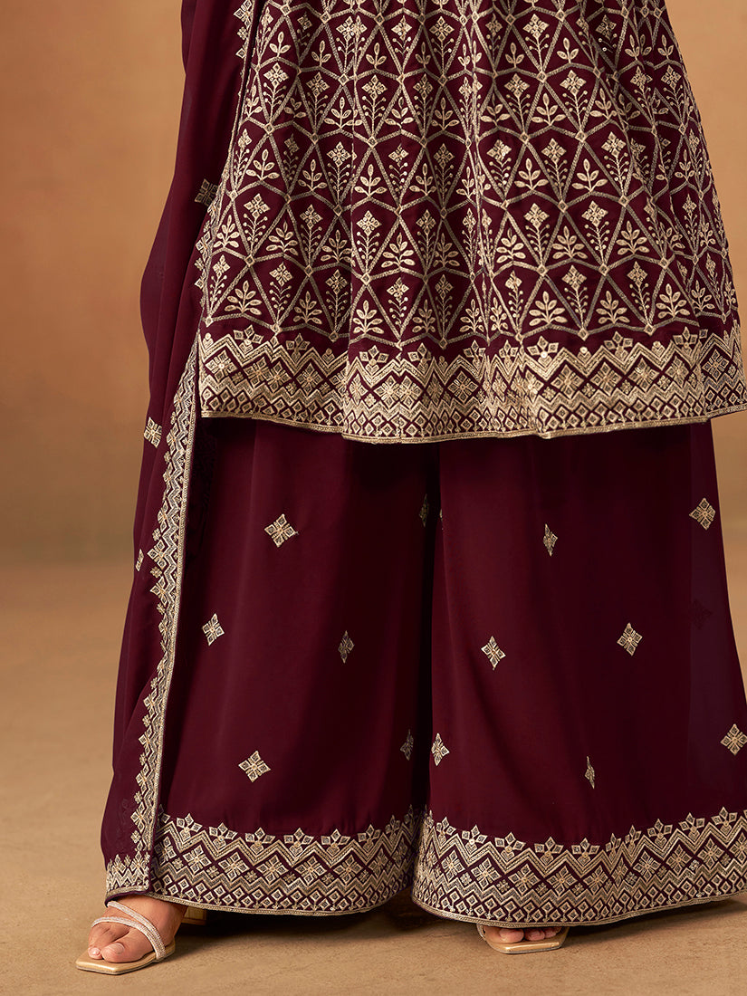 Monjolika Fashion Maroon Embroidered Faux Georgette Trendy Palazzo Salwar Kameez