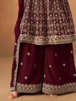 Thumbnail for Monjolika Fashion Maroon Embroidered Faux Georgette Trendy Palazzo Salwar Kameez