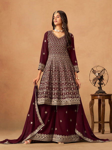 Monjolika Fashion Maroon Embroidered Faux Georgette Trendy Palazzo Salwar Kameez