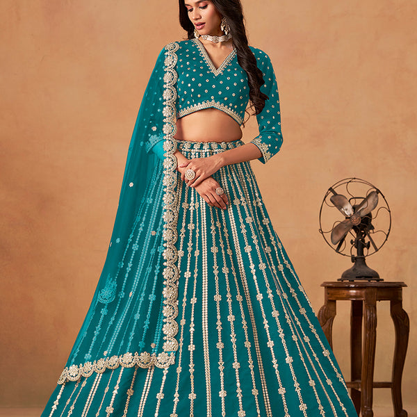 Monjolika Fashion Embroidered Teal Blue Art Silk Designer Long Lehenga Choli