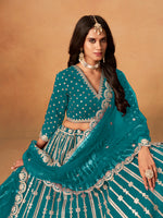 Thumbnail for Monjolika Fashion Embroidered Teal Blue Art Silk Designer Long Lehenga Choli