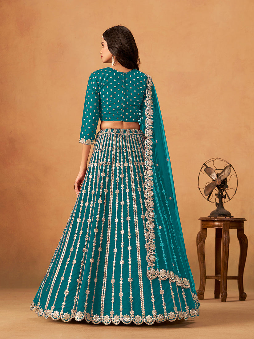Monjolika Fashion Embroidered Teal Blue Art Silk Designer Long Lehenga Choli