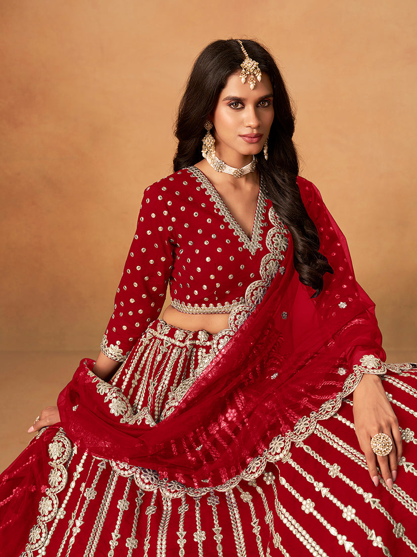 Monjolika Fashion Embroidered Red Art Silk Designer Long Lehenga Choli - Distacart