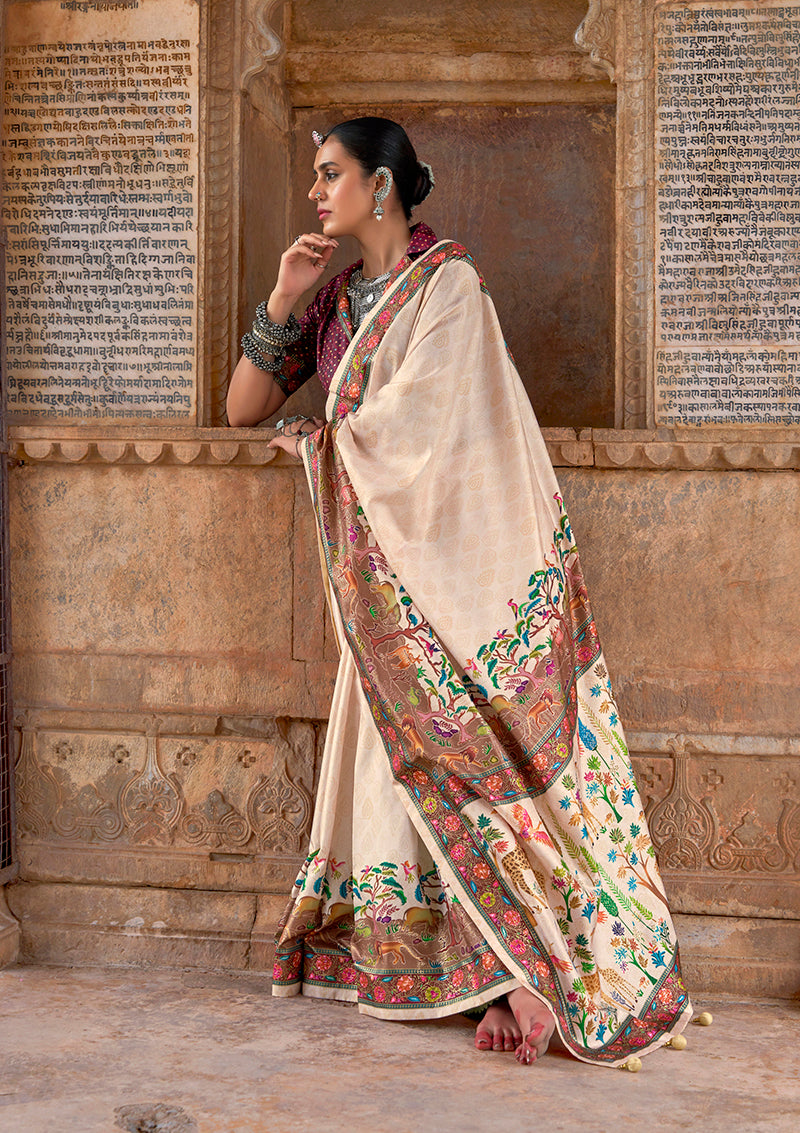 Monjolika Fashion Cream Printed Silk Contemporary Saree