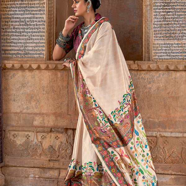 Monjolika Fashion Cream Printed Silk Contemporary Saree