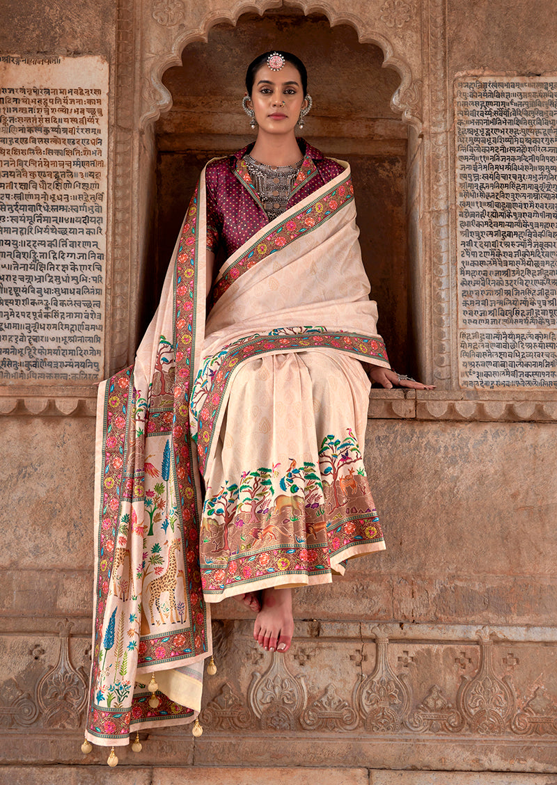 Monjolika Fashion Cream Printed Silk Contemporary Saree