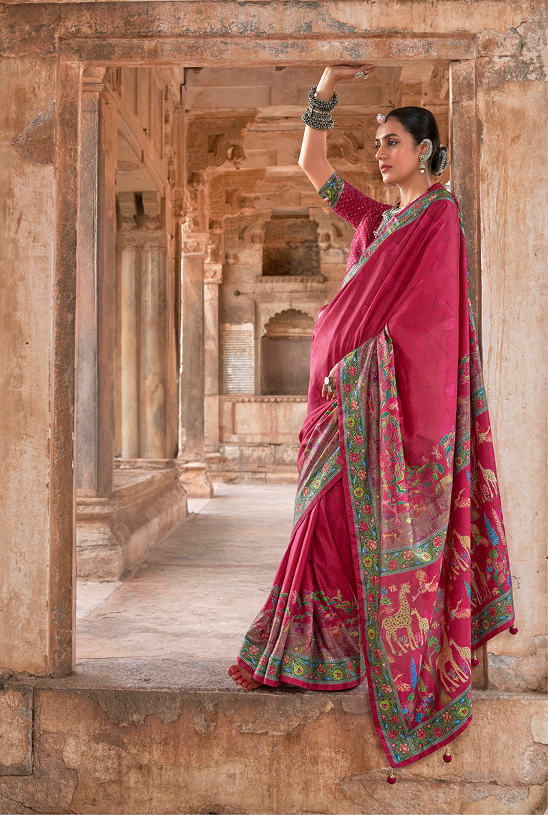 Monjolika Fashion Dark Pink Printed Silk Contemporary Saree