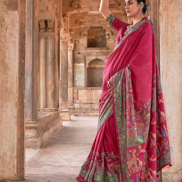 Monjolika Fashion Dark Pink Printed Silk Contemporary Saree