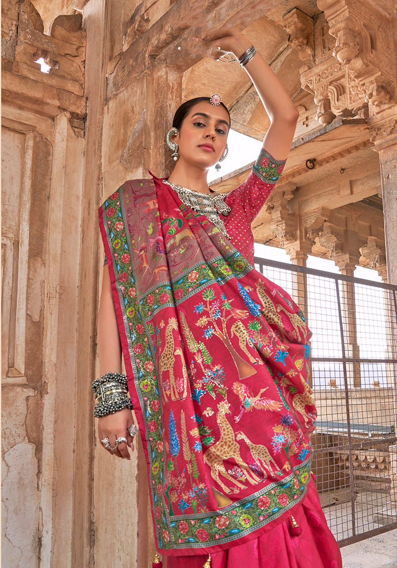 Monjolika Fashion Dark Pink Printed Silk Contemporary Saree