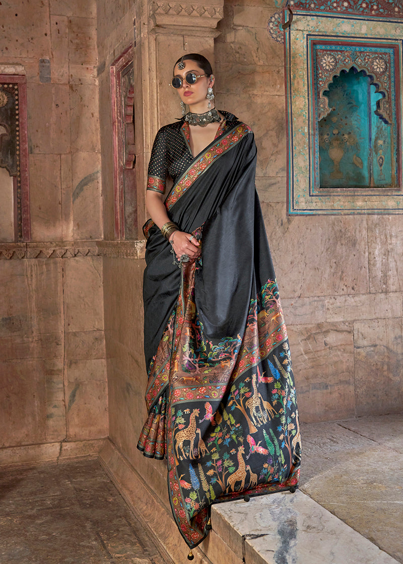 Monjolika Fashion Black Printed Silk Contemporary Saree