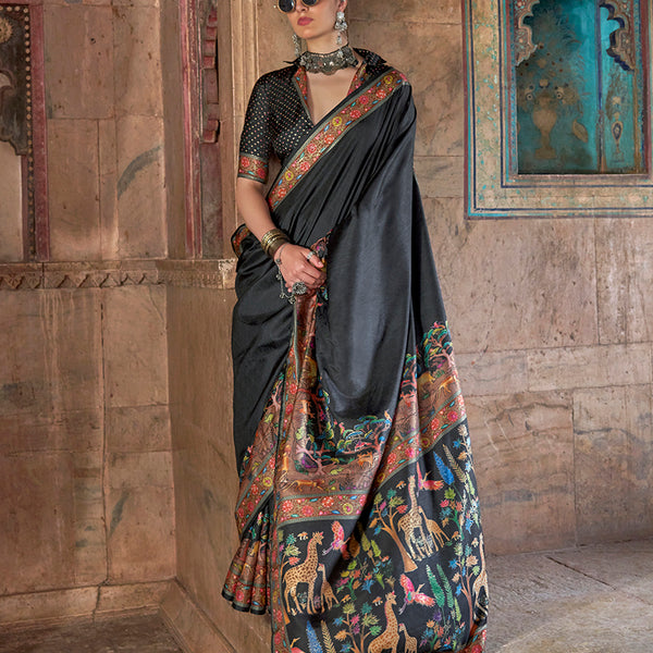 Monjolika Fashion Black Printed Silk Contemporary Saree