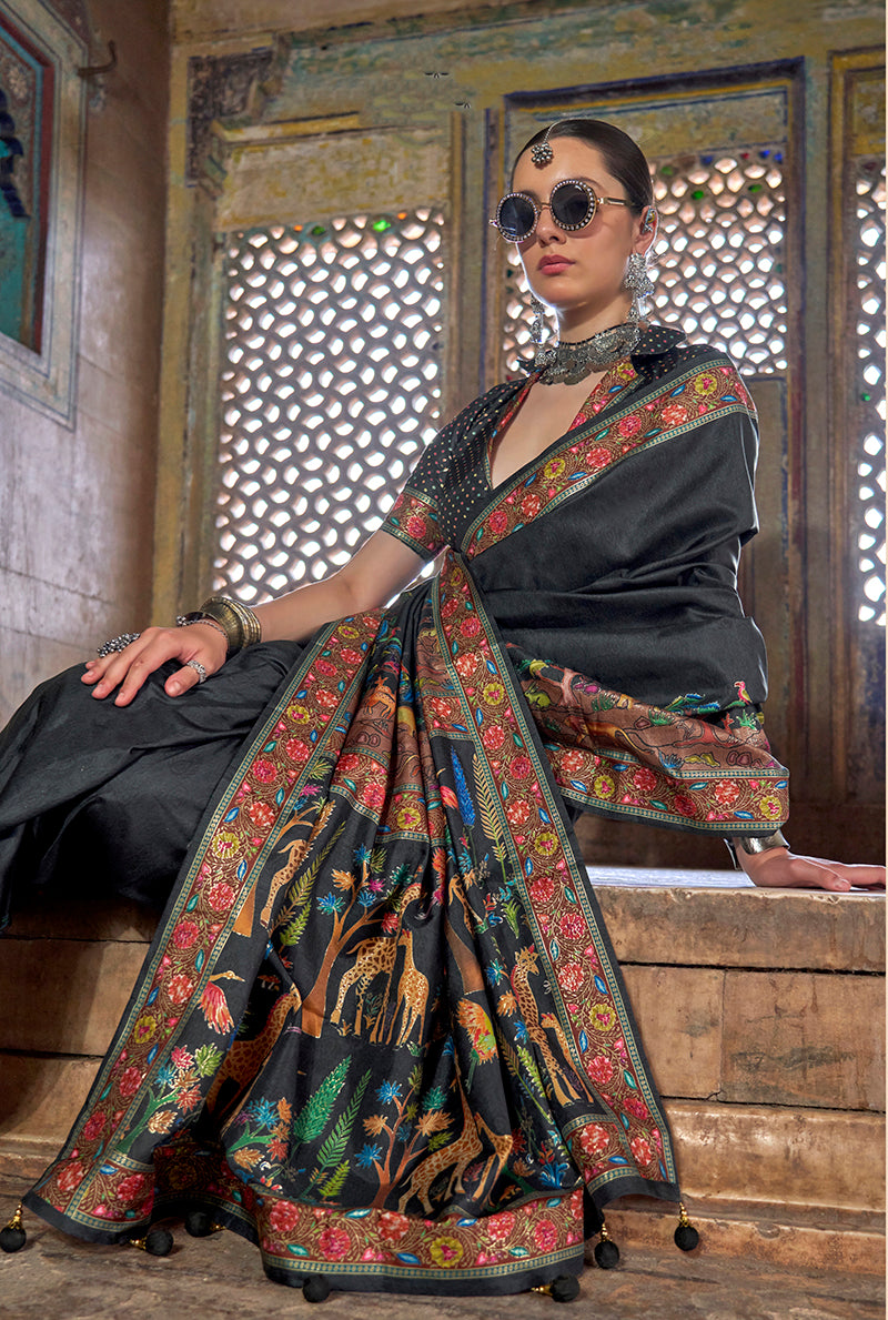 Monjolika Fashion Black Printed Silk Contemporary Saree