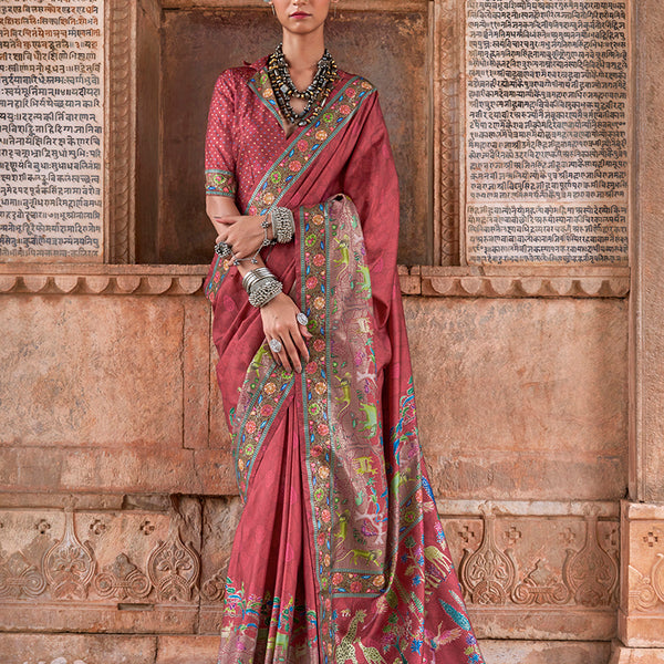 Monjolika Fashion Maroon Printed Silk Contemporary Saree