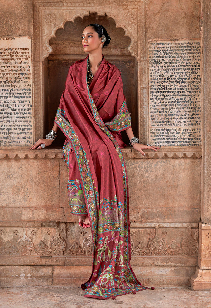 Monjolika Fashion Maroon Printed Silk Contemporary Saree