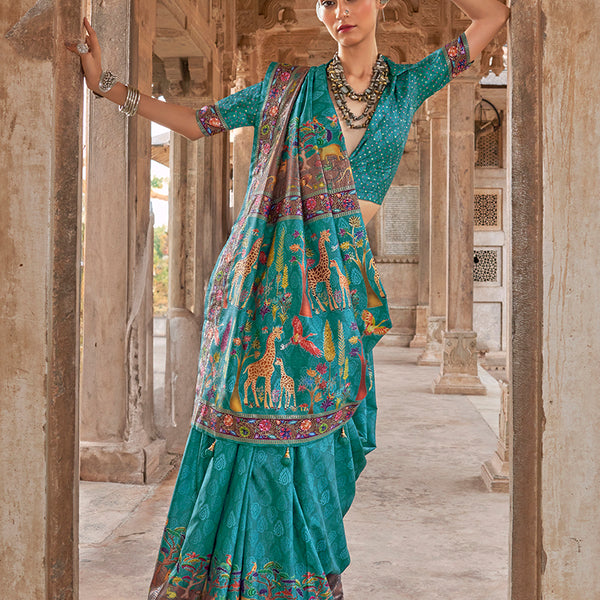 Monjolika Fashion Turquoise Printed Silk Contemporary Saree