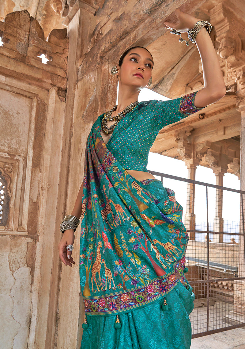 Monjolika Fashion Turquoise Printed Silk Contemporary Saree