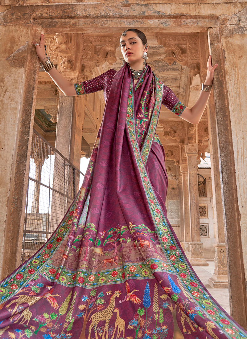 Monjolika Fashion Purple Printed Silk Contemporary Saree