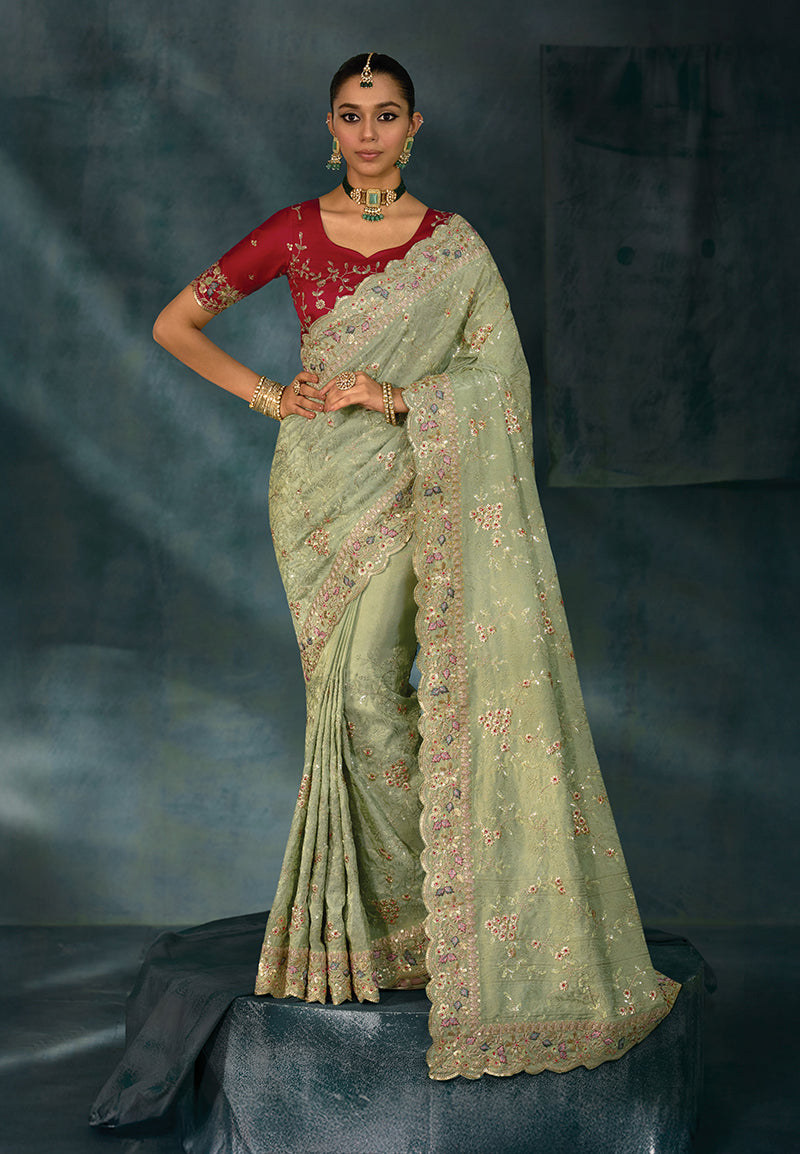 Monjolika Fashion Sea Green With Lakhanvi And Zarkan Work Banarasi Silk Blend Saree
