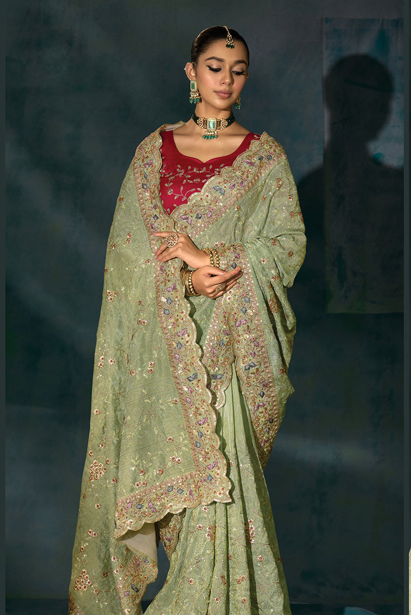 Monjolika Fashion Sea Green With Lakhanvi And Zarkan Work Banarasi Silk Blend Saree
