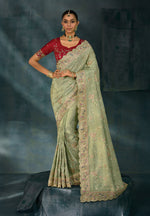 Thumbnail for Monjolika Fashion Sea Green With Lakhanvi And Zarkan Work Banarasi Silk Blend Saree