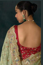 Thumbnail for Monjolika Fashion Sea Green With Lakhanvi And Zarkan Work Banarasi Silk Blend Saree