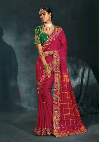 Monjolika Fashion Rani Pink Color Gajji Silk Cutdana Moti Mirror Work Beautiful Border Saree