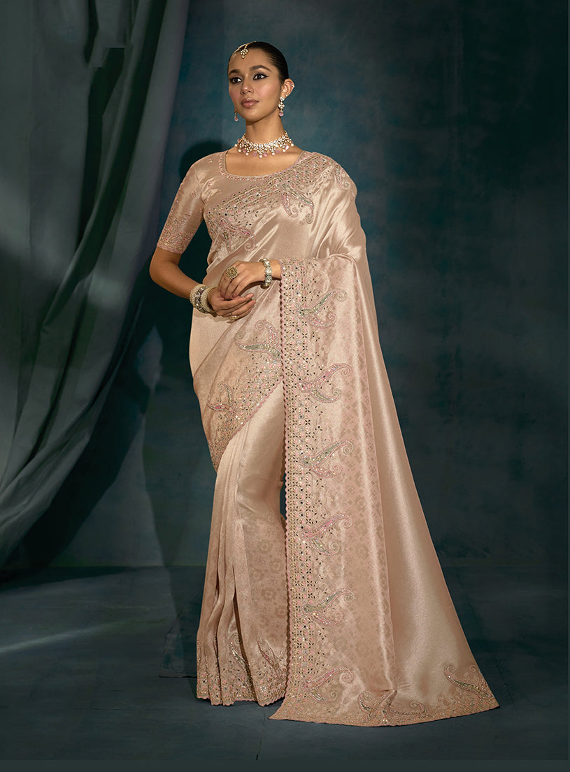 Monjolika Fashion Light Peach Silk With Thread, Moti Zarkan Work Beautiful Border Saree