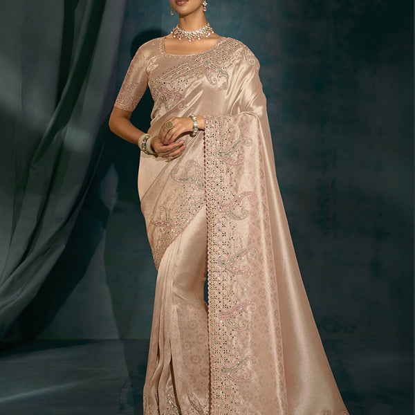 Monjolika Fashion Light Peach Silk With Thread, Moti Zarkan Work Beautiful Border Saree