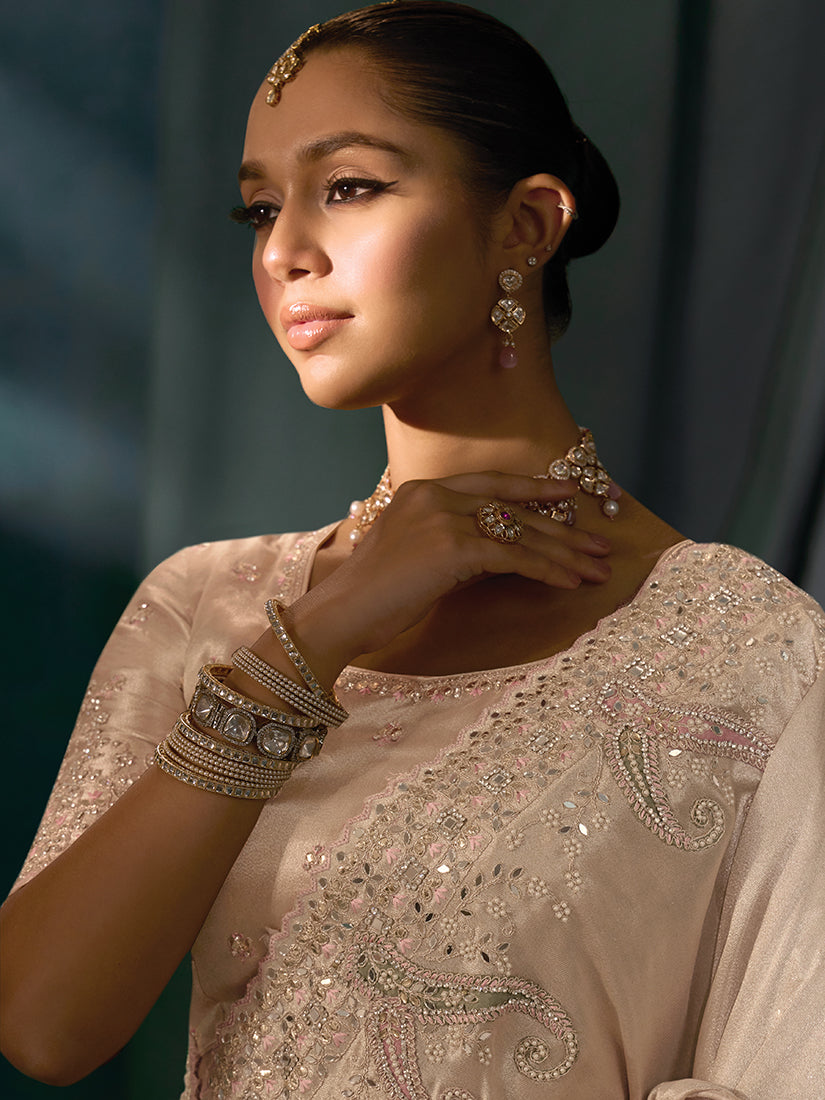 Monjolika Fashion Light Peach Silk With Thread, Moti Zarkan Work Beautiful Border Saree