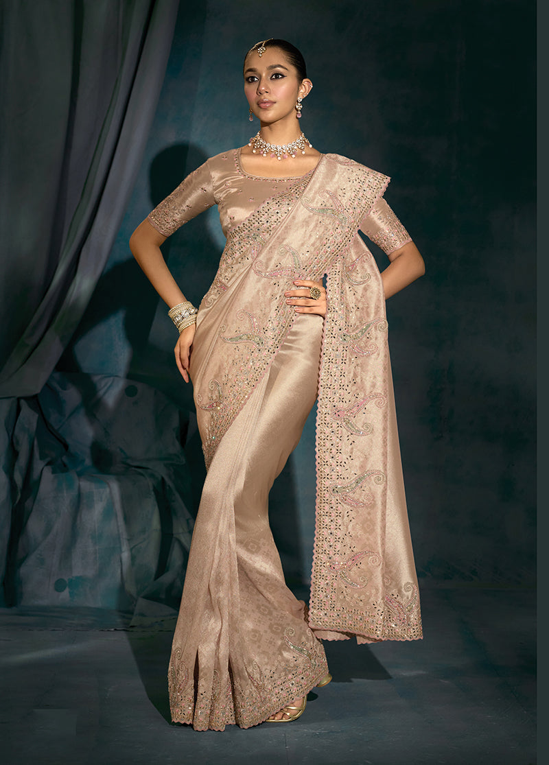 Monjolika Fashion Light Peach Silk With Thread, Moti Zarkan Work Beautiful Border Saree