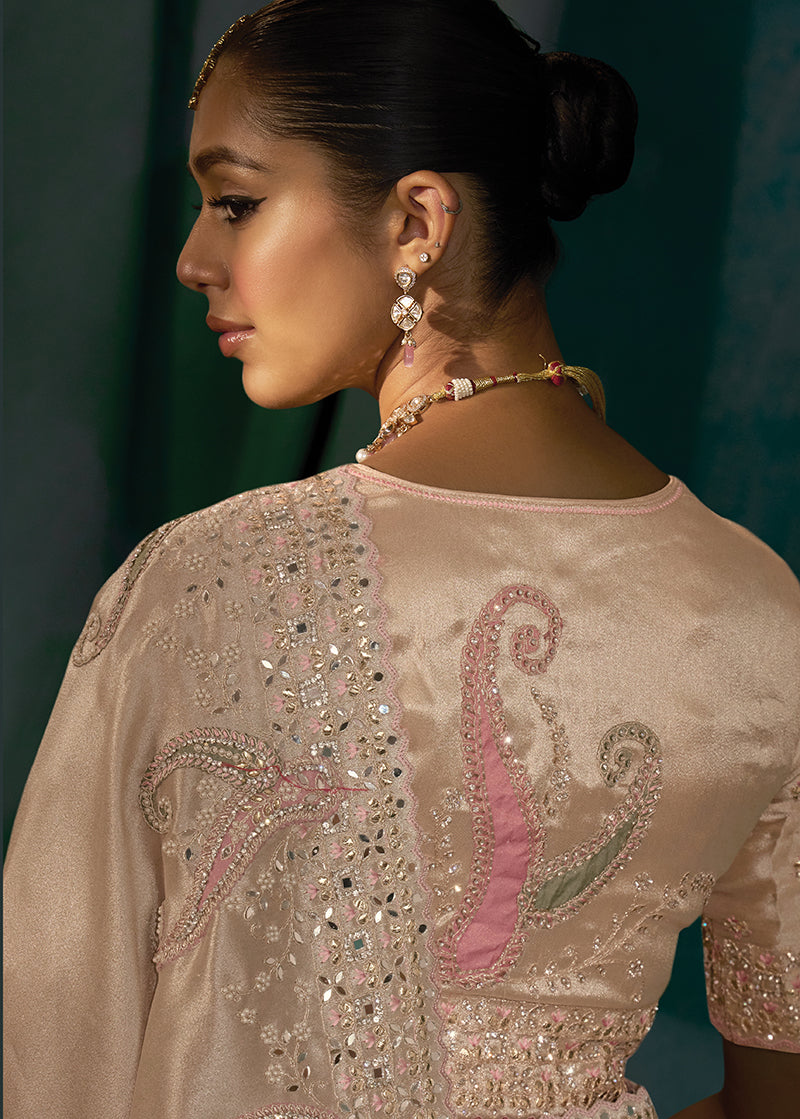 Monjolika Fashion Light Peach Silk With Thread, Moti Zarkan Work Beautiful Border Saree