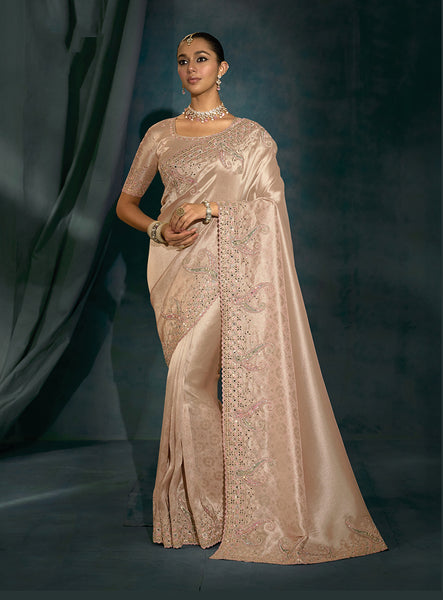 Monjolika Fashion Light Peach Silk With Thread, Moti Zarkan Work Beautiful Border Saree