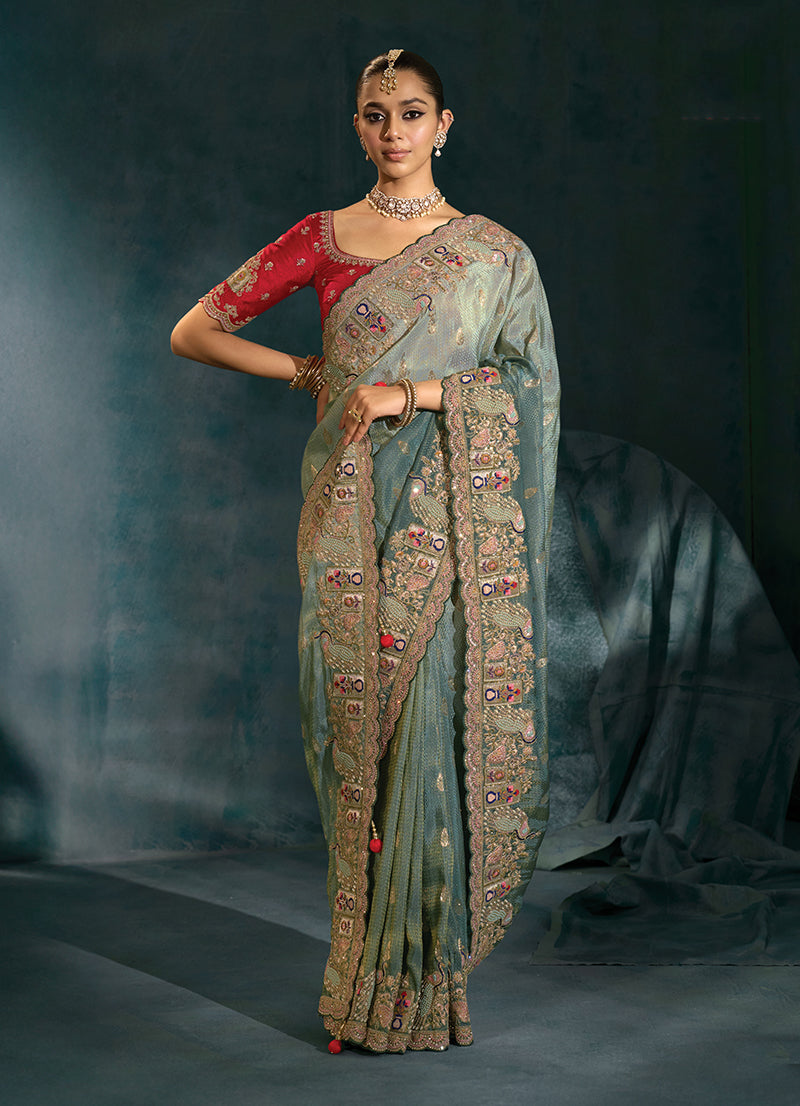 Monjolika Fashion Grey Crepe With Cutdana Moti Zarkan Work Beautiful Border Saree