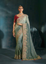Thumbnail for Monjolika Fashion Grey Crepe With Cutdana Moti Zarkan Work Beautiful Border Saree