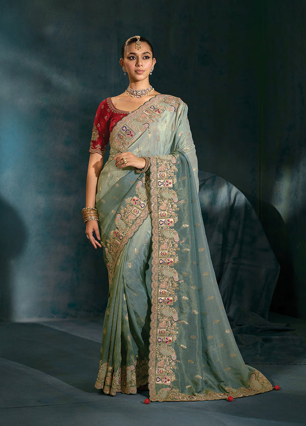 Monjolika Fashion Grey Crepe With Cutdana Moti Zarkan Work Beautiful Border Saree