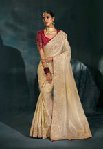 Thumbnail for Monjolika Fashion Cream Color Silk Blend With Cutdana Moti Zari Heavy Work Beautiful Border Saree - Distacart