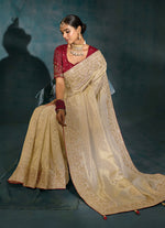 Thumbnail for Monjolika Fashion Cream Color Silk Blend With Cutdana Moti Zari Heavy Work Beautiful Border Saree - Distacart