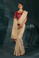 Thumbnail for Monjolika Fashion Cream Color Silk Blend With Cutdana Moti Zari Heavy Work Beautiful Border Saree - Distacart