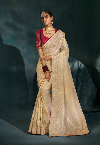 Monjolika Fashion Cream Color Silk Blend With Cutdana Moti Zari Heavy Work Beautiful Border Saree