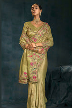 Thumbnail for Monjolika Fashion Olive Green Color Silk Blend With Cutdana Moti Zarkan Heavy Work Beautiful Border Saree - Distacart