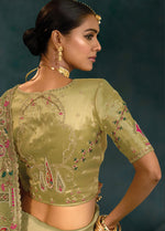 Thumbnail for Monjolika Fashion Olive Green Color Silk Blend With Cutdana Moti Zarkan Heavy Work Beautiful Border Saree - Distacart