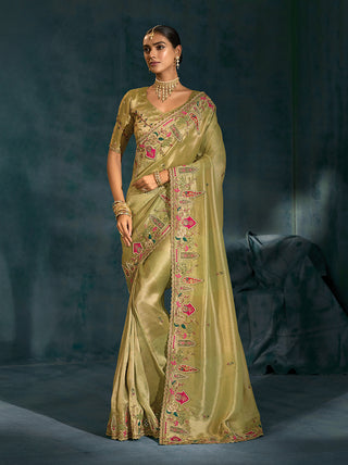 Monjolika Fashion Olive Green Color Silk Blend With Cutdana Moti Zarkan Heavy Work Beautiful Border Saree