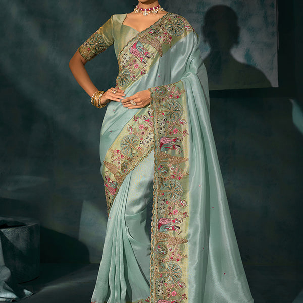 Monjolika Fashion Beige Color Silk Blend With Cutdana Moti Jardoshi Heavy Work Beautiful Border Saree