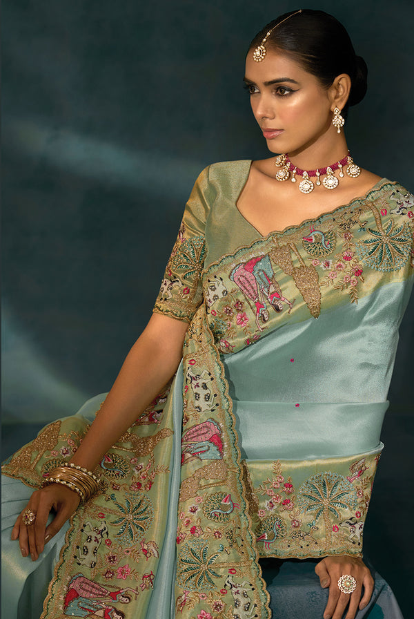 Monjolika Fashion Beige Color Silk Blend With Cutdana Moti Jardoshi Heavy Work Beautiful Border Saree