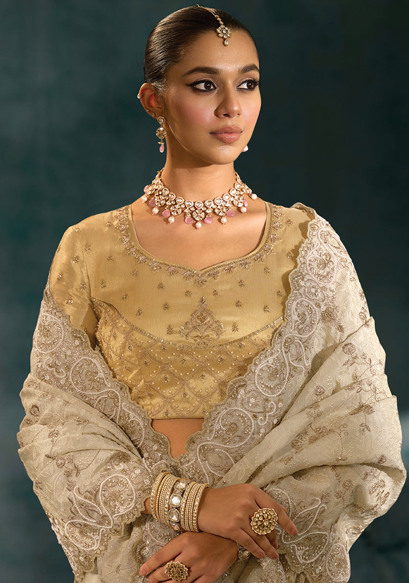 Monjolika Fashion Cream Banarasi Silk With Lakhanvi And Zarkan Work Blend Saree