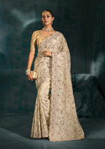 Thumbnail for Monjolika Fashion Cream Banarasi Silk With Lakhanvi And Zarkan Work Blend Saree